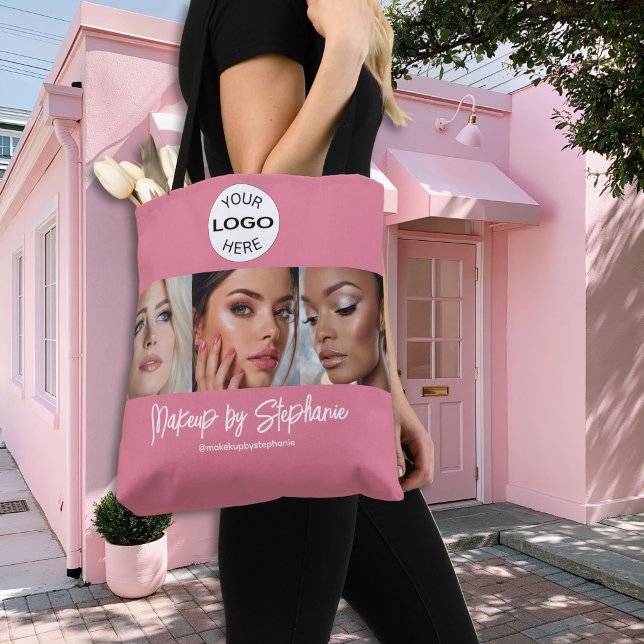 Bolsa Tote Estúdio de Maquiagem Foto Logo Script Rosa Corado (Criador carregado)