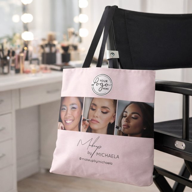 Bolsa Tote Estúdio de Maquiagem Foto Logo Script Rosa Rubor (Criador carregado)