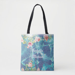Bolsa Tote Etiqueta de nomes de casais com cor azul romântica