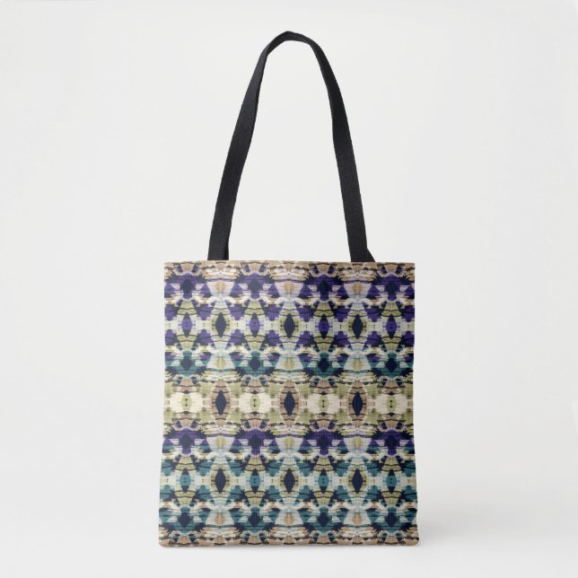 Bolsa Tote Étnico azul, ikat bege  (Frente)