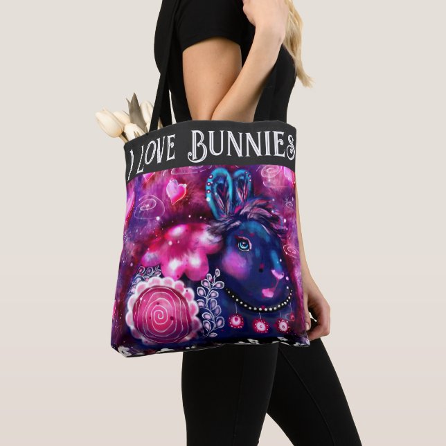 Bolsa Tote Eu Adoro Bunnies Whimsical Bunny Pintura Rosa (Close Up)