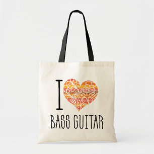 Bolsa Tote Eu Amo Bass Guitar Orange Mandala Heart
