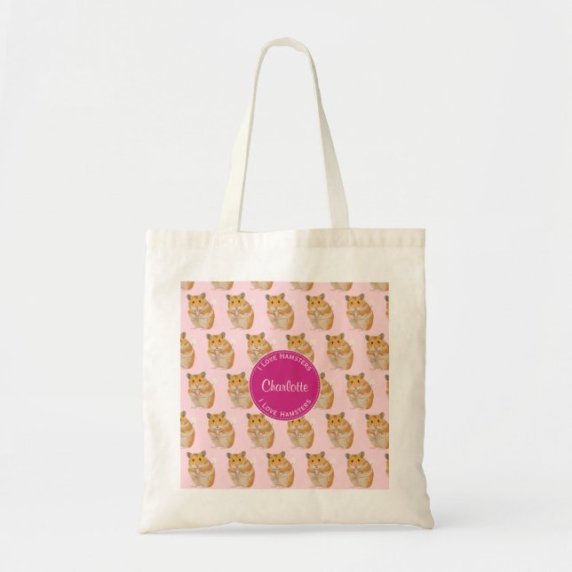 Bolsa Tote Eu amo Hamsters Pink Hamster Pattern (Frente)