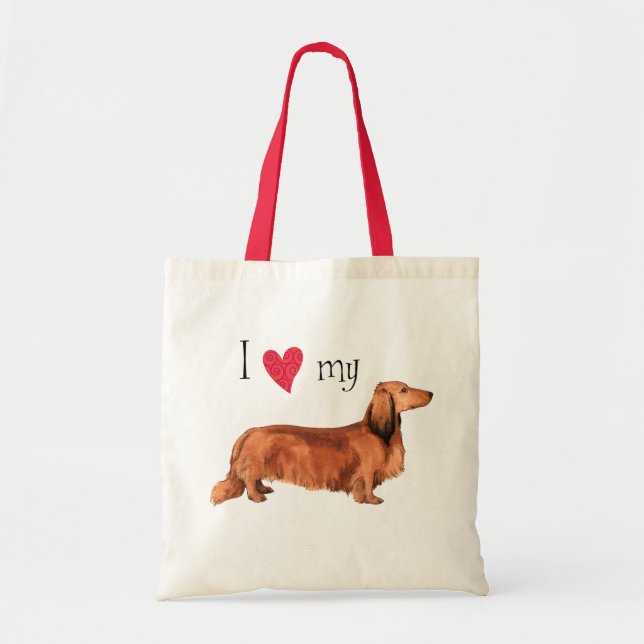 Bolsa Tote Eu amo meu Dachshund de cabelos compridos (Frente)