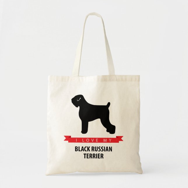 Bolsa Tote Eu amo minha sacola preta de Terrier do russo (Frente)