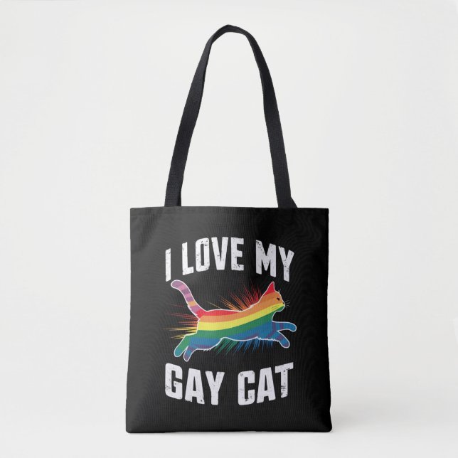Bolsa Tote Eu Amo O Meu Gay Gato Engraçado Do Arco-Íris Lgbt (Frente)