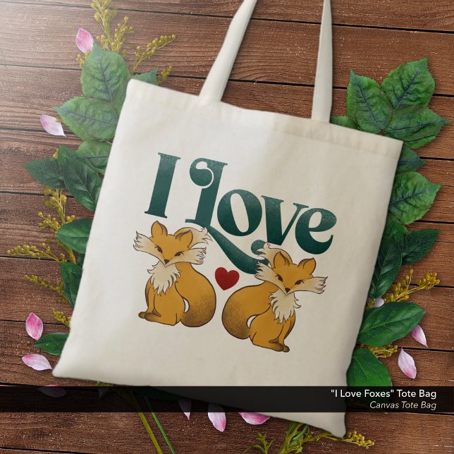 Bolsa Tote Eu Amo Raposas Coração Bonito ("I Love Foxes" -  Canvas Tote Bag with Cute Foxes and Heart Artwork.)