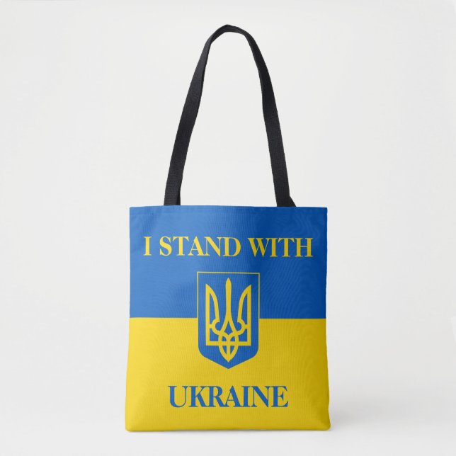 Bolsa Tote Eu apoio a Ucrânia. Bandeira ucraniana. Tridente. (Frente)