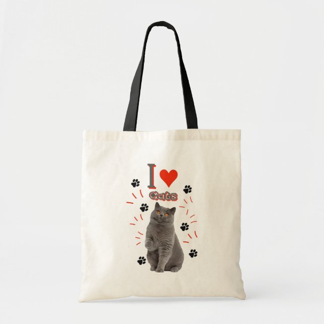 Bolsa Tote Eu ❤️ Gatos – Desenho de Gato Fofo e Pegada de Pat (Frente)