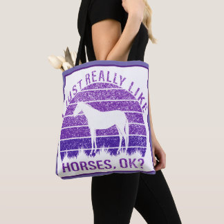 Bolsa Tote Eu gosto muito de cavalos em roxo