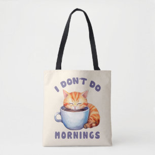 Bolsa Tote Eu não faço manhãs - Gato Laranja Bonito com Café