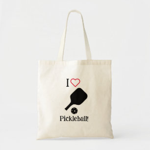 Bolsa Tote Eu ❤️ Pickleball em saco preto, branco e vermelho.