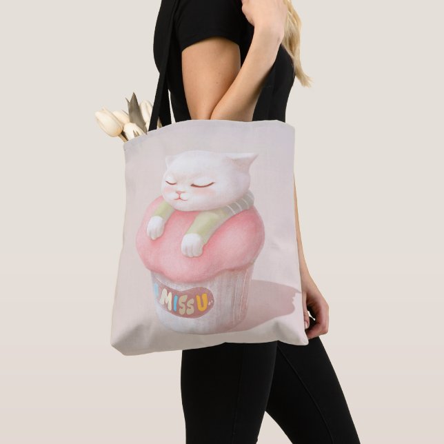 Bolsa Tote Eu Sinto Sua Falta: Arte de Cupcake de Gato Adorme (Close Up)