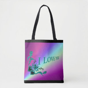 Bolsa Tote Eu te amo, coração com flores e borboletas