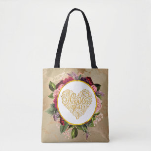 Bolsa Tote Eu te amo Ouro Ornamentado coração com Florais