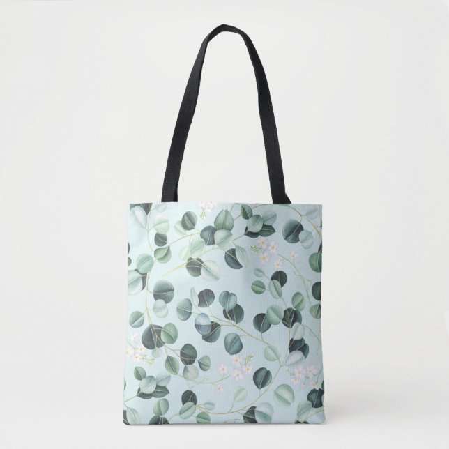 Bolsa Tote Eucalyptus Bliss: Padrão de Aquarela Turquesa. (Frente)
