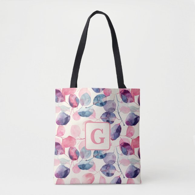 Bolsa Tote Eucalyptus, cor-de-rosa púrpura, Aquarela Deixa mo (Frente)