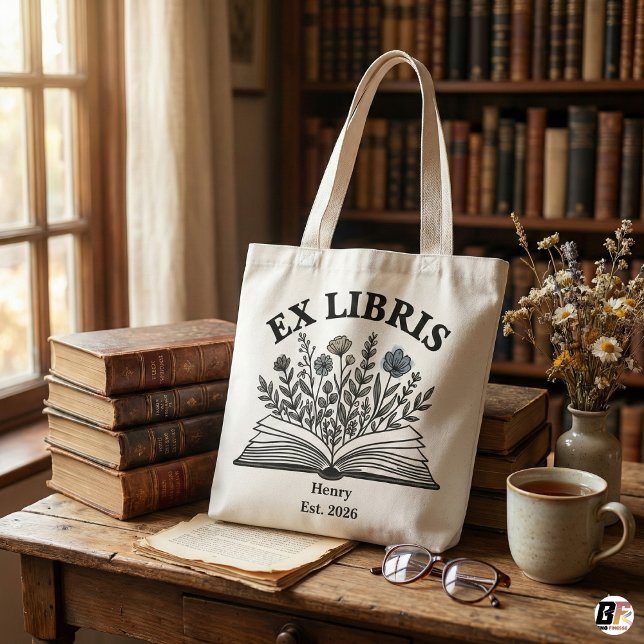 Bolsa Tote Ex Libris Personalized Book Lover Wildflower Aesth (Criador carregado)