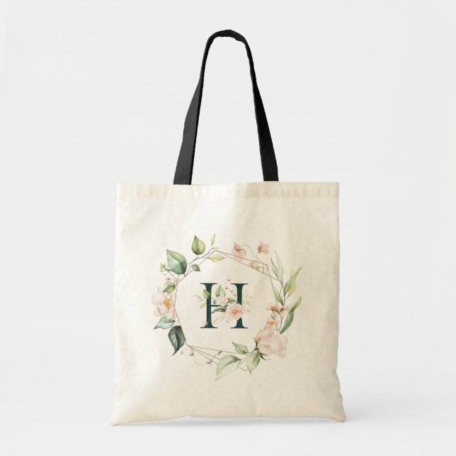 Bolsa Tote Excelente de cor pastel com monograma floral H (Frente)