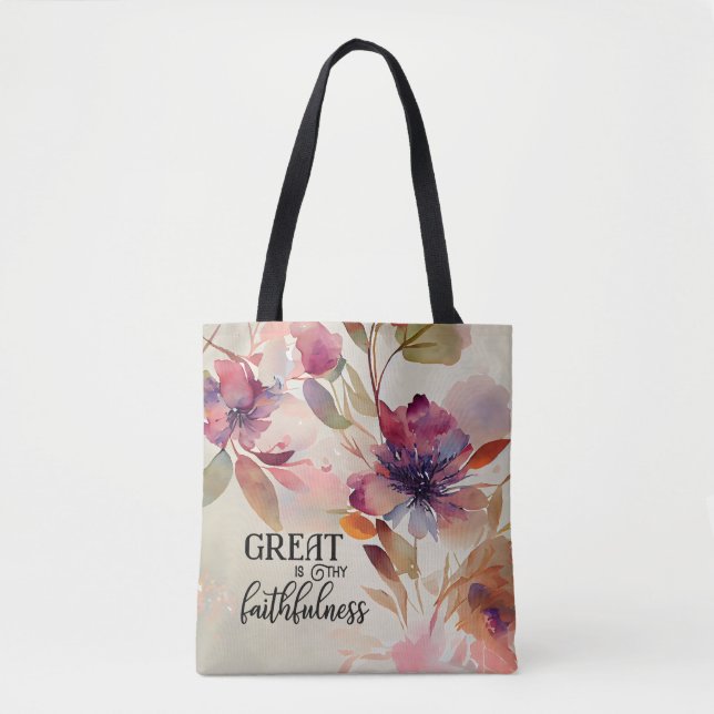 Bolsa Tote Excelente é Sua Fiabilidade Christian Hymn Floral (Frente)