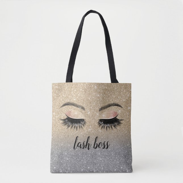 Bolsa Tote Eyelash Makeup Artista Lash Chefe Glitter Dourado (Frente)