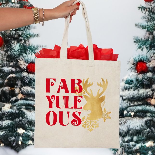 Bolsa Tote Fab-Yule-Ous Christmas Reindeer Red & Gold (Criador carregado)