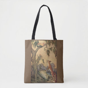 Bolsa Tote Fábulas de Esopo Vintage, Raposa, Galo e o Cão