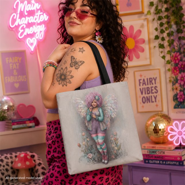 Bolsa Tote Fada Curvilínea Fofa com Asas Iridescentes Pastel  (Criador carregado)