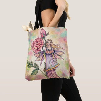 Bolsa Tote Fada da Rosa Enrubescida Fantasia Artística por Mo