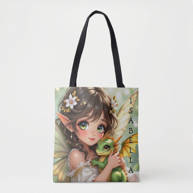 Bolsa Tote Fada de anime fofa e dragão Chibi  (Frente)