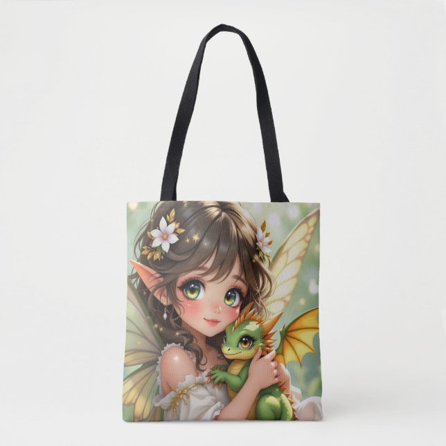 Bolsa Tote Fada de anime fofa e dragão Chibi  (Frente)