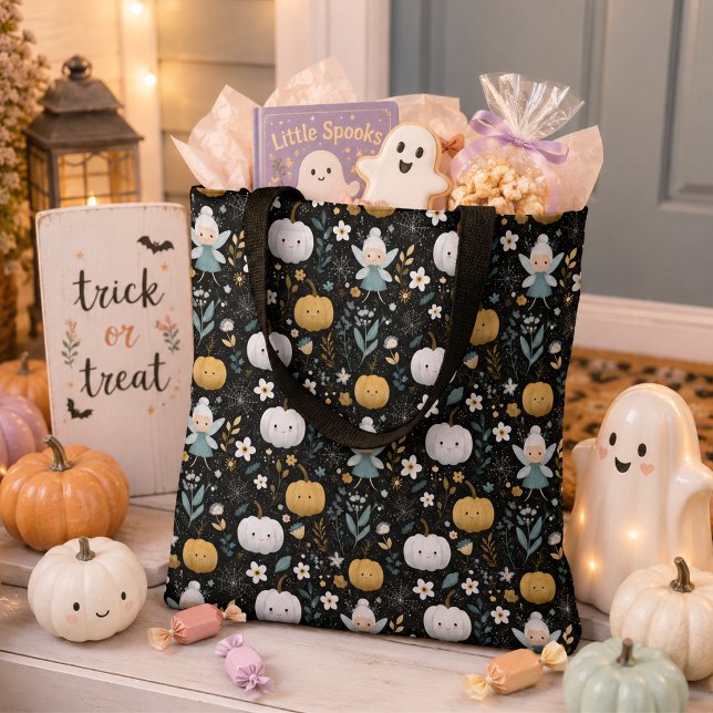 Bolsa Tote Fada de Halloween Fofa e Abóboras Pastel (Criador carregado)