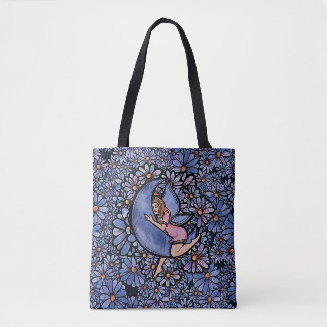 Bolsa Tote Fada De Lua De Flor Roxo (Frente)