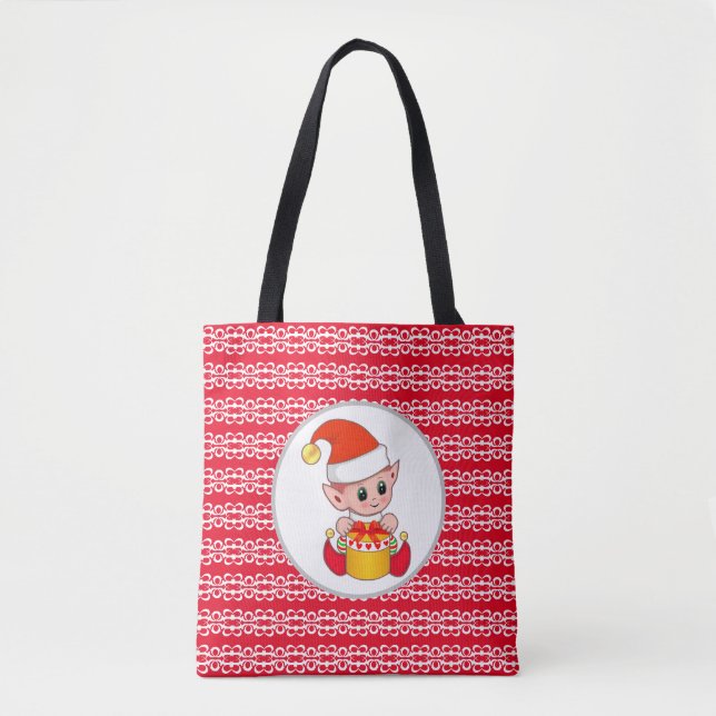 Bolsa Tote Fada de Natal fofa em vermelho e branco (Frente)