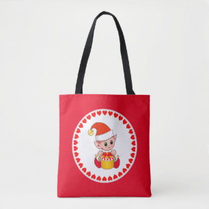 Bolsa Tote Fada de Natal fofo rodeado por corações em vermelh