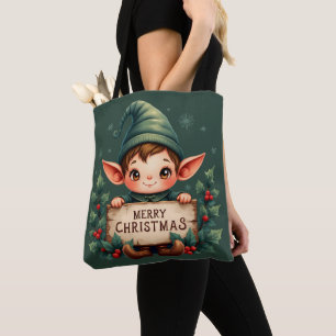 Bolsa Tote Fada de Natal Fofo Segurando Placa Alegre Verde