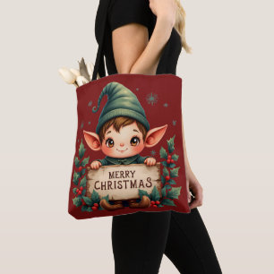 Bolsa Tote Fada de Natal Fofo Segurando Placa Alegre Vermelha