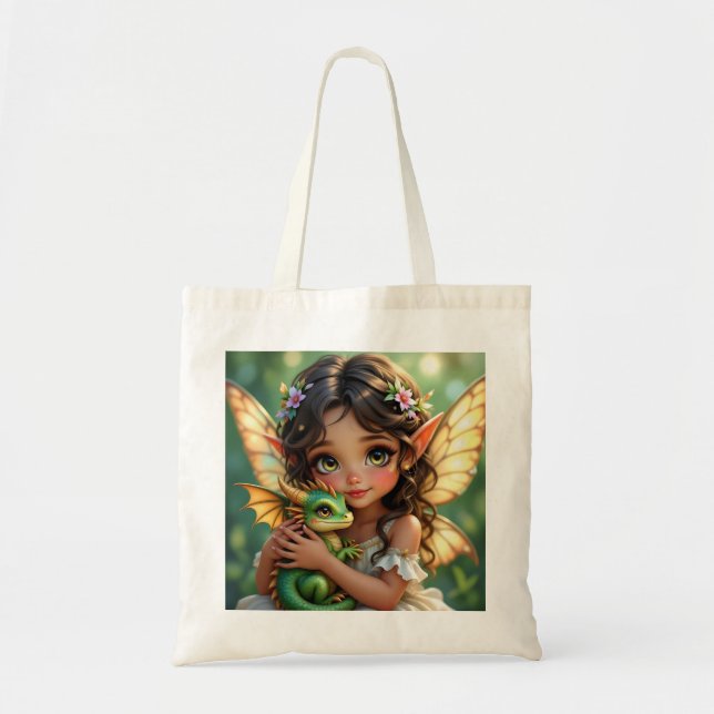 Bolsa Tote Fada Elfa de Olhos Castanhos e Dragão  (Frente)