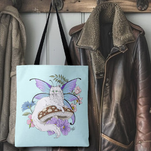 Bolsa Tote Fada Felina Branca Caprichosa Cogumelo Azul Fantas