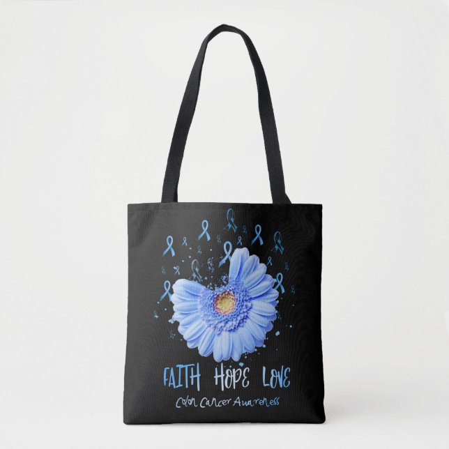 Bolsa Tote Faith Hope ama Cancer Colon Sensibilização Flor (Frente)