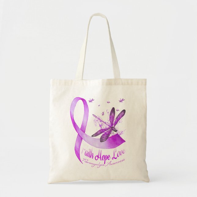 Bolsa Tote Faith Hope Love Dragonfly Roxo Fibromyalae (Frente)