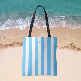 Bolsa Tote Faixa de Cabana Azul e Monograma Verde Personaliza