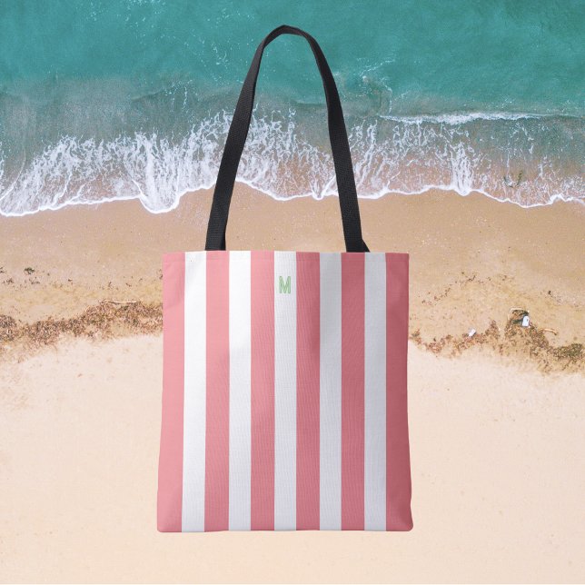 Bolsa Tote Faixa de Cabana Rosa e Monograma Verde Personaliza (Criador carregado)