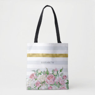 Bolsa Tote Faixa Dourada FAUX Elegante com Rosas e Nome Rosa
