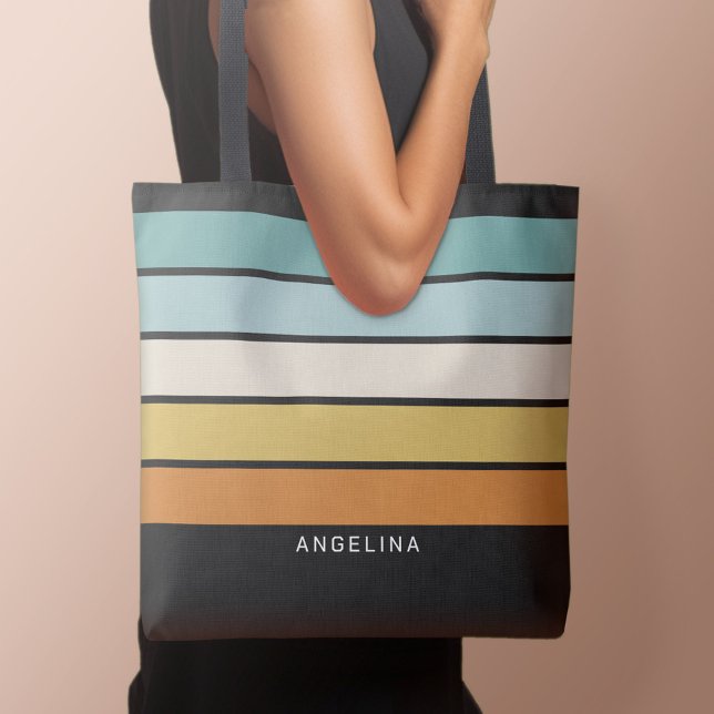 Bolsa Tote Faixa Sunset Retroativa com Nome de Serie de Sans  (Personalized tote bag with retro stripes and text)