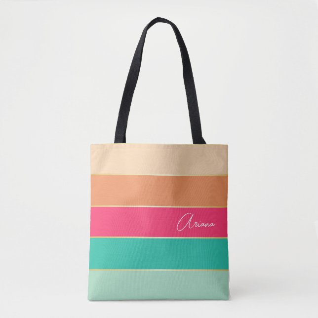 Bolsa Tote faixas de cores personalizadas de Verão cor verde- (Frente)