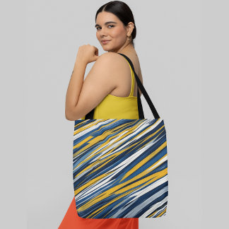 Bolsa Tote faixas diagonais abstrato em tons azuis, brancos