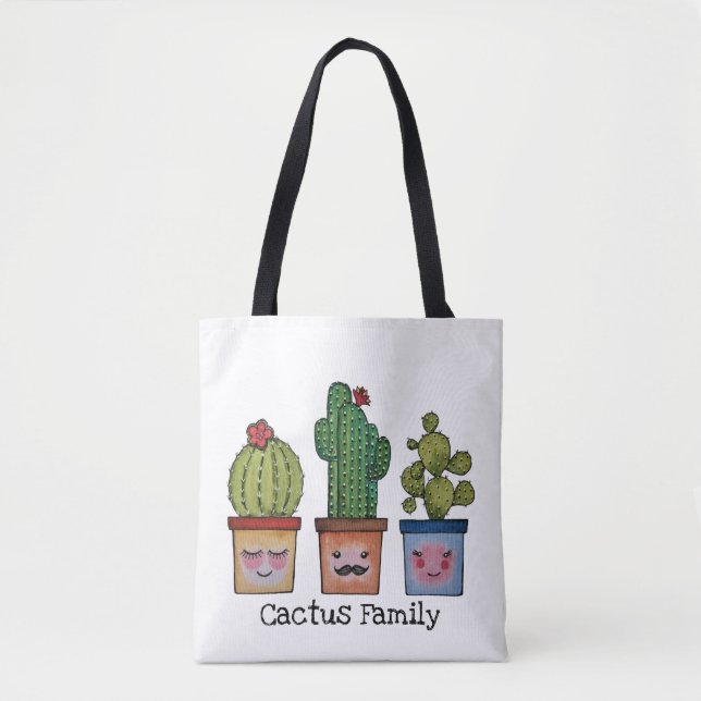 Bolsa Tote Família Cute Cactus Em Aquarela (Frente)