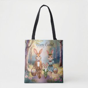 Bolsa Tote Família de Coelho de Páscoa Caçando Ovos - Aquarel