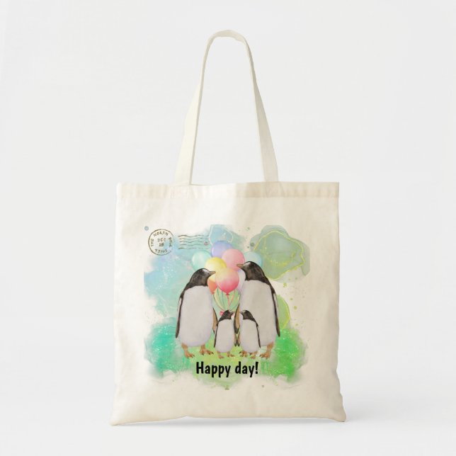 Bolsa Tote família de pinguins feliz com balões coloridos (Frente)